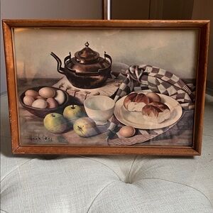 Vintage Still Life Artwork By Dutch Painter Henk Bos with Teapot and Fruit